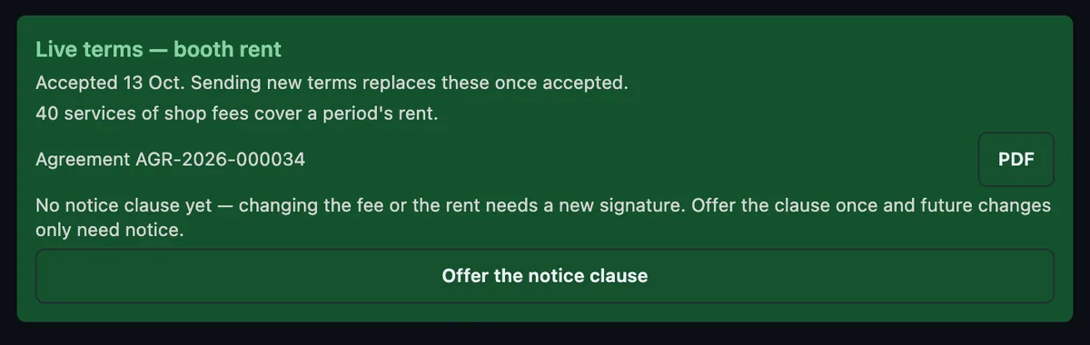 A live booth-rent agreement with its number, a PDF button and the notice-clause offer