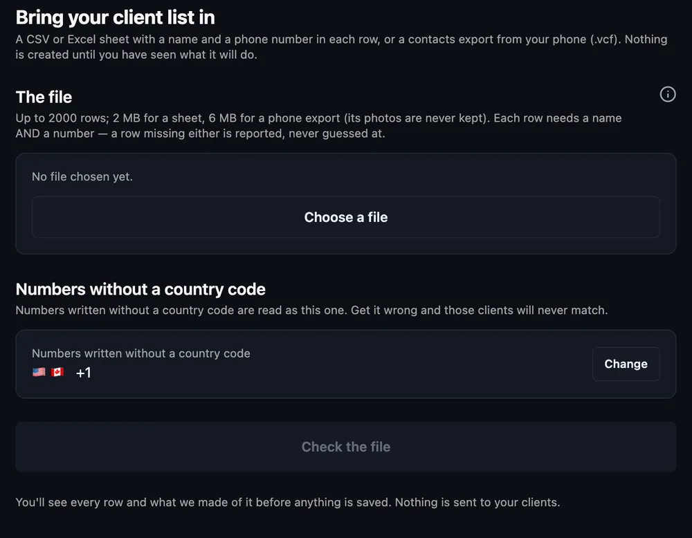 The client import: choose a CSV, Excel or contacts file and set the country code